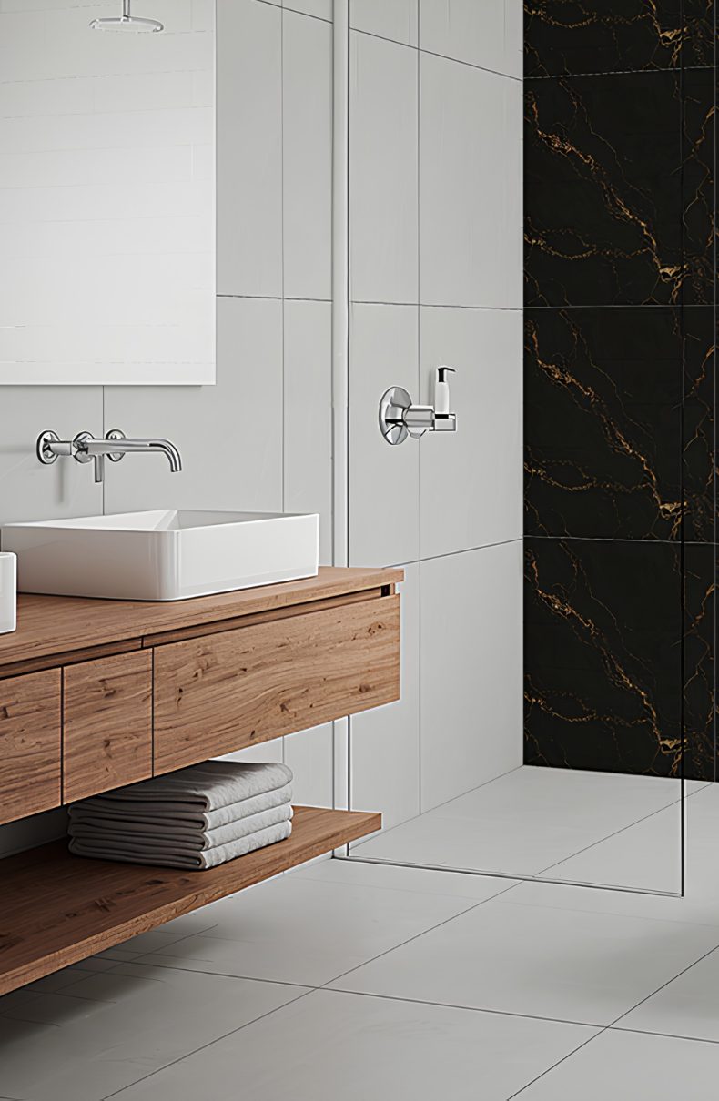 Baño con revestimientos cerámicos blanco y negro de Cerámica COBOCE