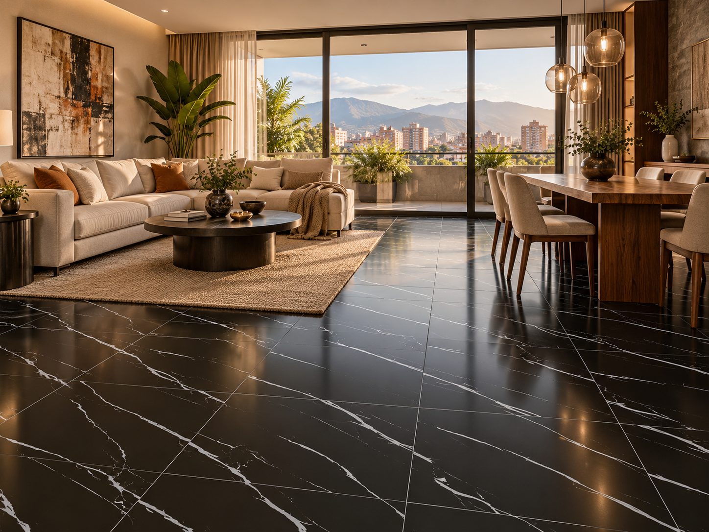 Sala comedor con piso cerámico oscuro de Cerámica COBOCE