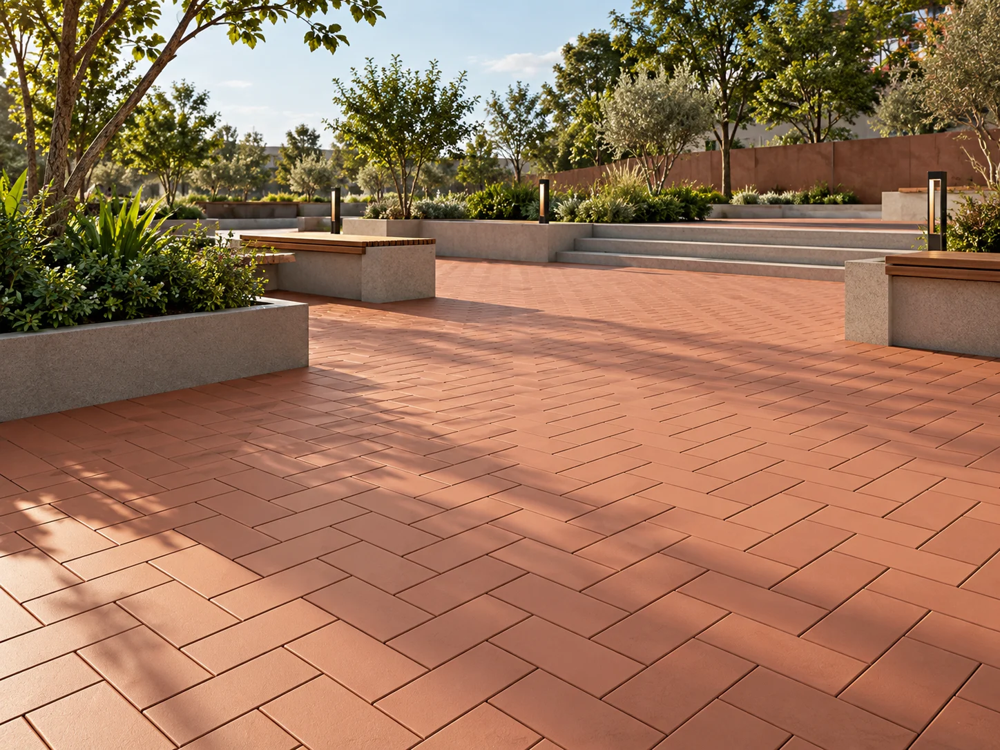 Plaza ajardinada con pavimento cerámico de tono terracota y disposición rectangular
