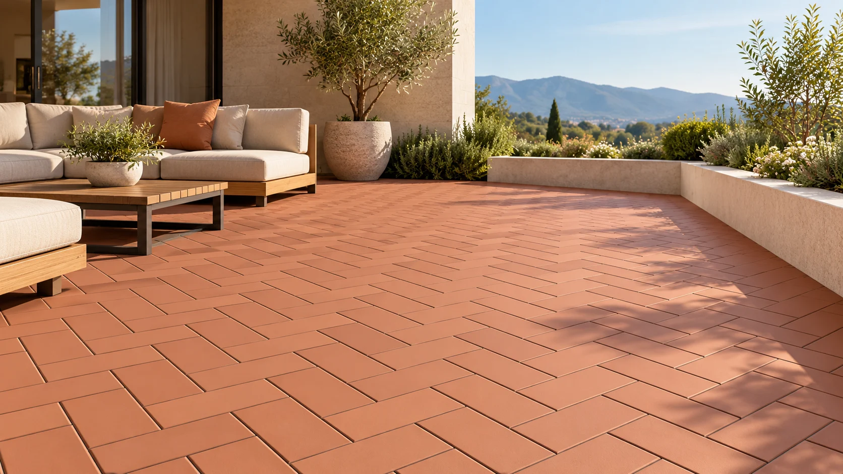 Terraza con piso de piezas cerámicas rectangulares color terracota